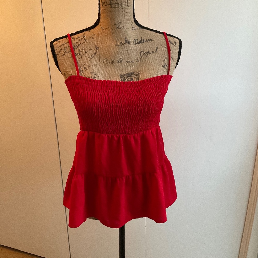 Paper crane red smocked babydoll top tank blouse peplum ruched adjustable sz L